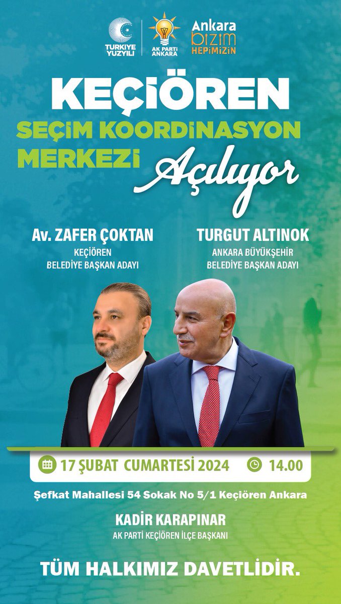 AkKuscagizResmi's tweet photo. Keçiören Seçim Koordinasyon Merkezi Açılıyor

📍17 Şubat 2024
🕑 Saat :14:00
📍Şefkat Mahallesi 54. Sokak No: 5/1 
📍Keçiören ANKARA
@hakanhanozcan 
@hakanarol 
@AkpartiAnkara 
@turgutaltinok06 
@zafercoktan 
@AKadirkarapinar 
@AkKeciorenResmi https://t.co/YRmmqtZNKT
