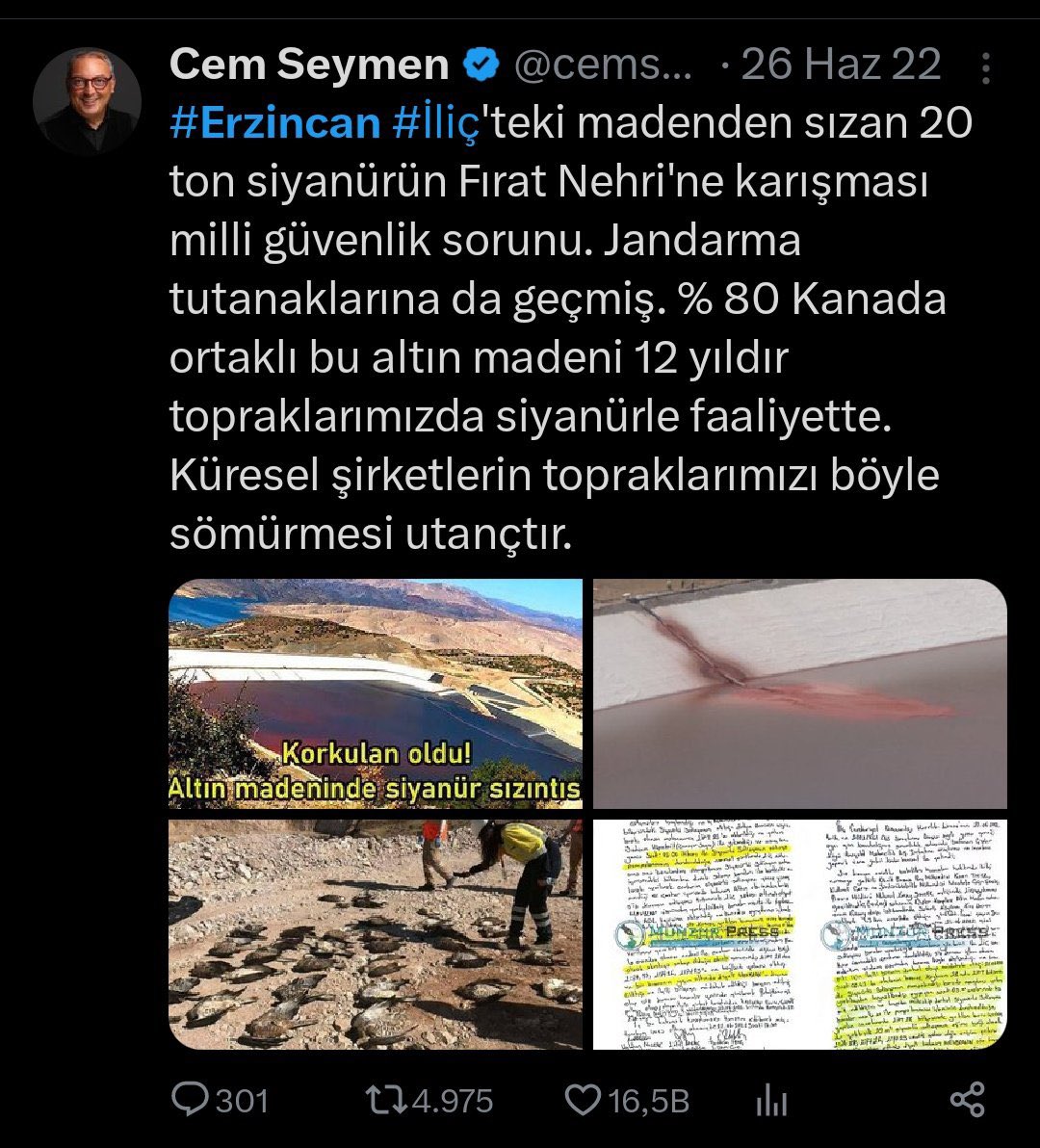 Bu maden 2010’dan beri faaliyette. Çöken atık dağı da bu faaliyetin sonucu yani insan eseri. En son 2022 Haziran’da Fırat’a 80 kilo siyanürlü suyu karışmış. Sıkı durun. Olaydan sonra ruhsatı iptal edilmeyen Çalık Holding ortaklı Anagold'un 7.2 Milyon Dolar vergi borcu silinmiş.