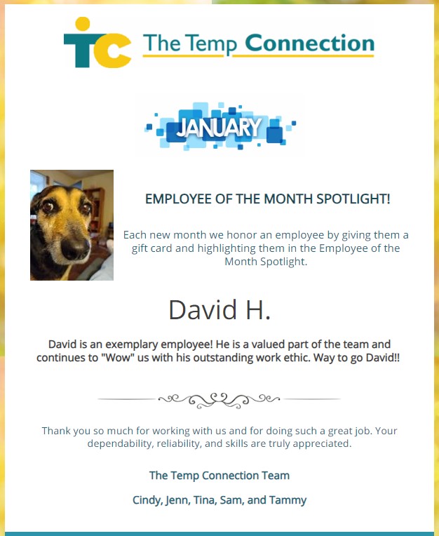 Employee Recognition Time!  
Congrats to our Employee of the Month!  David H.
#thetempconnection #employeerecognition #employeeoftheweek #employeeofthemonth #staffing #jobs #temptohire #work #localtucson #iamhiring #hiring #womenowned