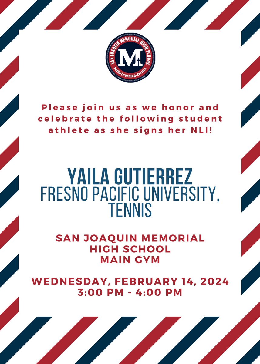 San Joaquin Memorial High School (@sjmhs) on Twitter photo Attention everyone! Please join us tomorrow Wednesday, February 14, 2024 at 3 PM! 🙌🏼💙❤️
Spread the word and we hope to see you there. #athletics Attention everyone! Please join us tomorrow Wednesday, February 14, 2024 at 3 PM! 🙌🏼💙❤️
Spread the word and we hope to see you there. #athletics