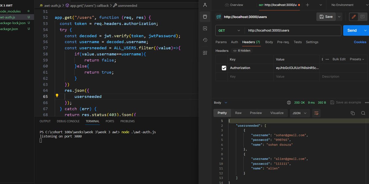 Aaronvern11's tweet image. day 10:
it was a good day 
i learnt about 
-fetch api
-more about authentication 
-hashing
-encryption
-jsonwebtokens(JWT)
-and local storage 
also created a basic server that returns a json web token with username encrypted and returns user if user is signed in.
#151daysofcode