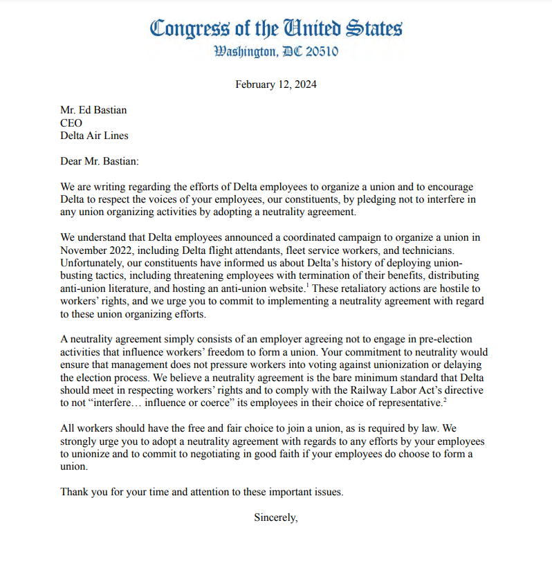 I joined my @Labor_Caucus colleagues in sending a letter to Delta demanding they stop interfering with their workers’ rights to organize. Union busting is wrong and our workers deserve more.