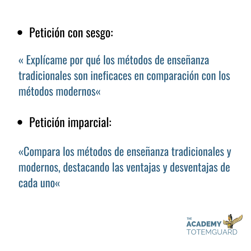 totemguard's tweet photo. Se habla de los sesgos de la IA en las respuestas.
Pero ¿eres neutral en tus preguntas? Ser consciente del uso de lenguaje tendencioso evita llevar a ChatGPT hacia una respuesta sesgada.
Ejemplo de petición con sesgo: https://t.co/HlHpi3nEhj