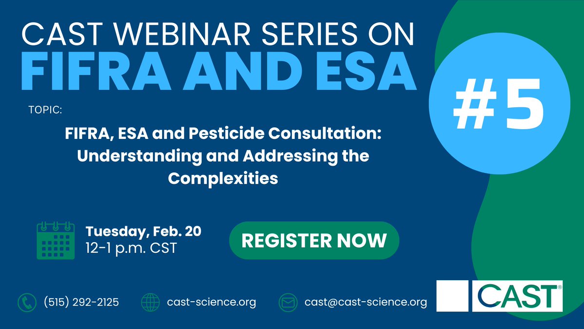 CASTagScience's tweet image. We're one week away from the fifth webinar in our FIFRA-ESA series, titled "FIFRA, ESA and Pesticide Consultation: Understanding and Addressing the Complexities."

Register now! lp.constantcontactpages.com/cu/xrHu781

#castwebinar #fifra #ESA #CastEvents #castpaper