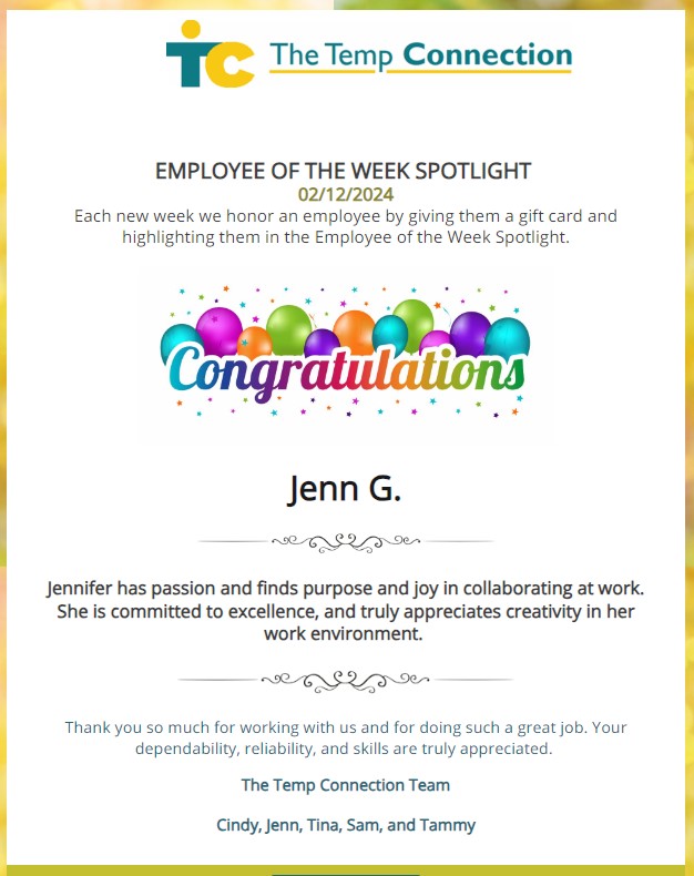 Employee Recognition Time!
Congrats to our Employee of the Week! 
Jennifer V., Cynthia F., Portia K. and Jenn G.
#thetempconnection #employeerecognition #employeeoftheweek #employeeofthemonth #staffing #jobs #temptohire #work #localtucson #iamhiring #hiring #womenowned