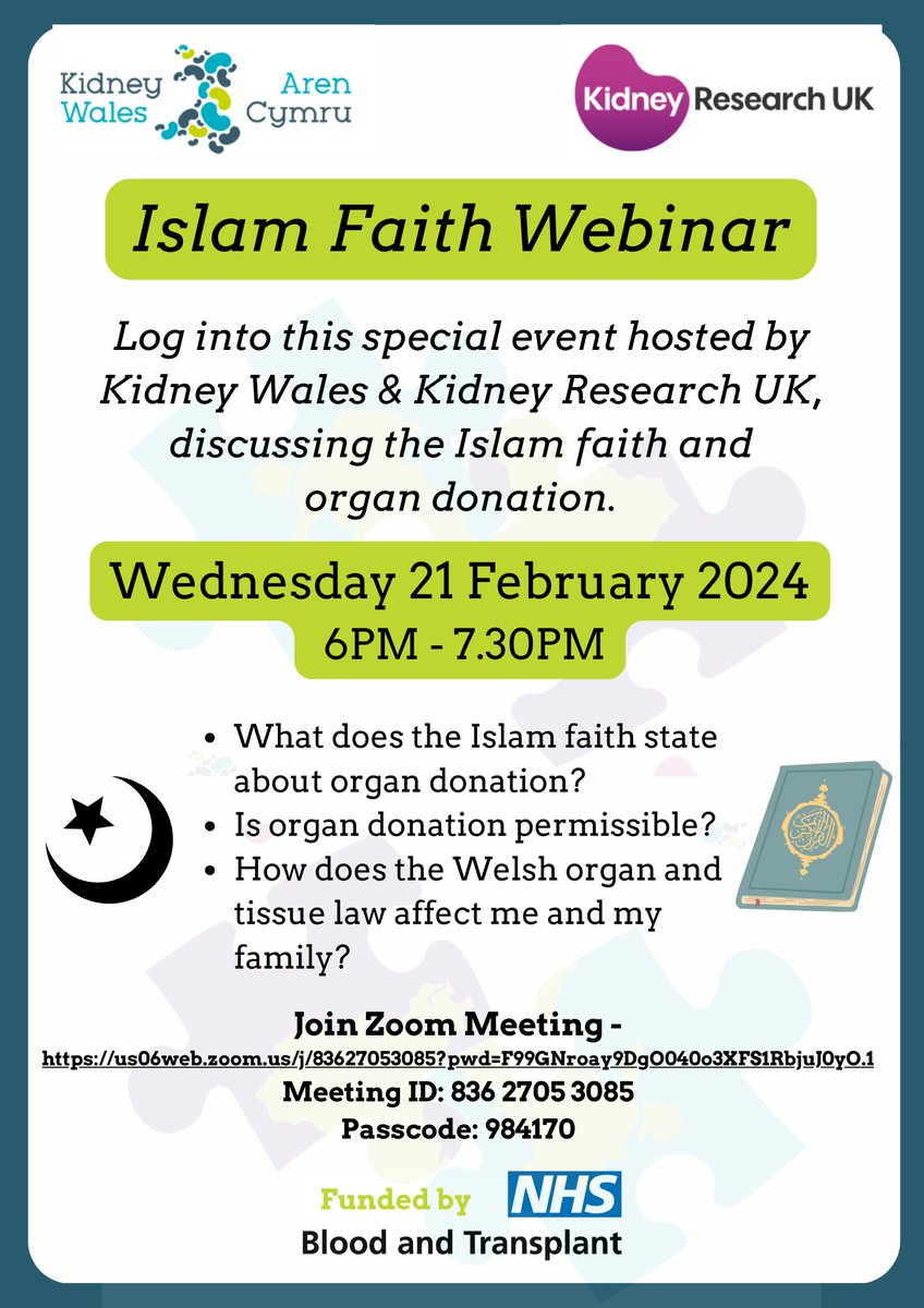 In collaboration with @Kidney_Research , join us on zoom for an enlightening online event that explores the intersection of the Islam faith and organ donation. Wednesday 21 February 2024 6pm - 7.30pm Find out more: kidneywales.cymru/islamic-faith-…
