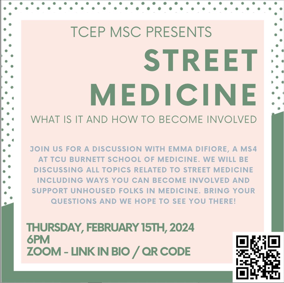 Excited for this event with @texACEPstudent and guest speaker @EmmaRoseDiFiore this Thursday at 6 CT to learn more about #StreetMedicine!