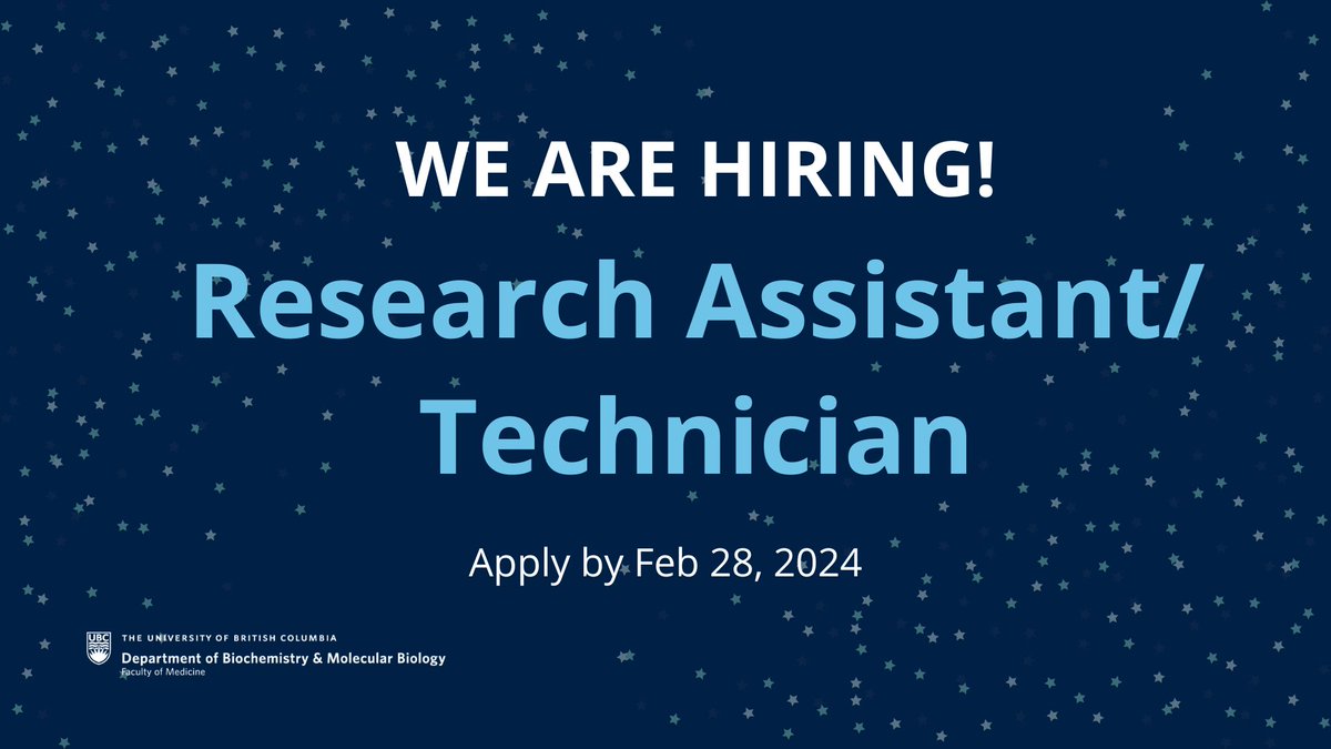 UBC Biochemistry & Molecular Biology (@ubcbiochemistry) on Twitter photo 📢 We are hiring!
The Lim Lab <a href="/UBCbiochemistry/">UBC Biochemistry & Molecular Biology</a> invites applications for a Research Assistant/Technician 3 position.
Apply by Feb 28
ubc.wd10.myworkdayjobs.com/ubcstaffjobs/j… 📢 We are hiring!
The Lim Lab <a href="/UBCbiochemistry/">UBC Biochemistry & Molecular Biology</a> invites applications for a Research Assistant/Technician 3 position.
Apply by Feb 28
ubc.wd10.myworkdayjobs.com/ubcstaffjobs/j…