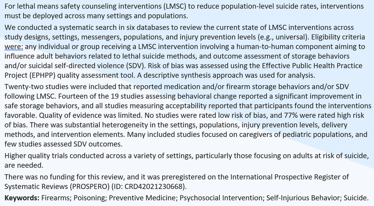 A Systematic Review of Lethal Means Safety Counseling Interventions: Impacts on Safety Behaviors and Self-Directed Violence w/ Dr. @jasimonetti & @RMIRECC pubmed.ncbi.nlm.nih.gov/38324739/