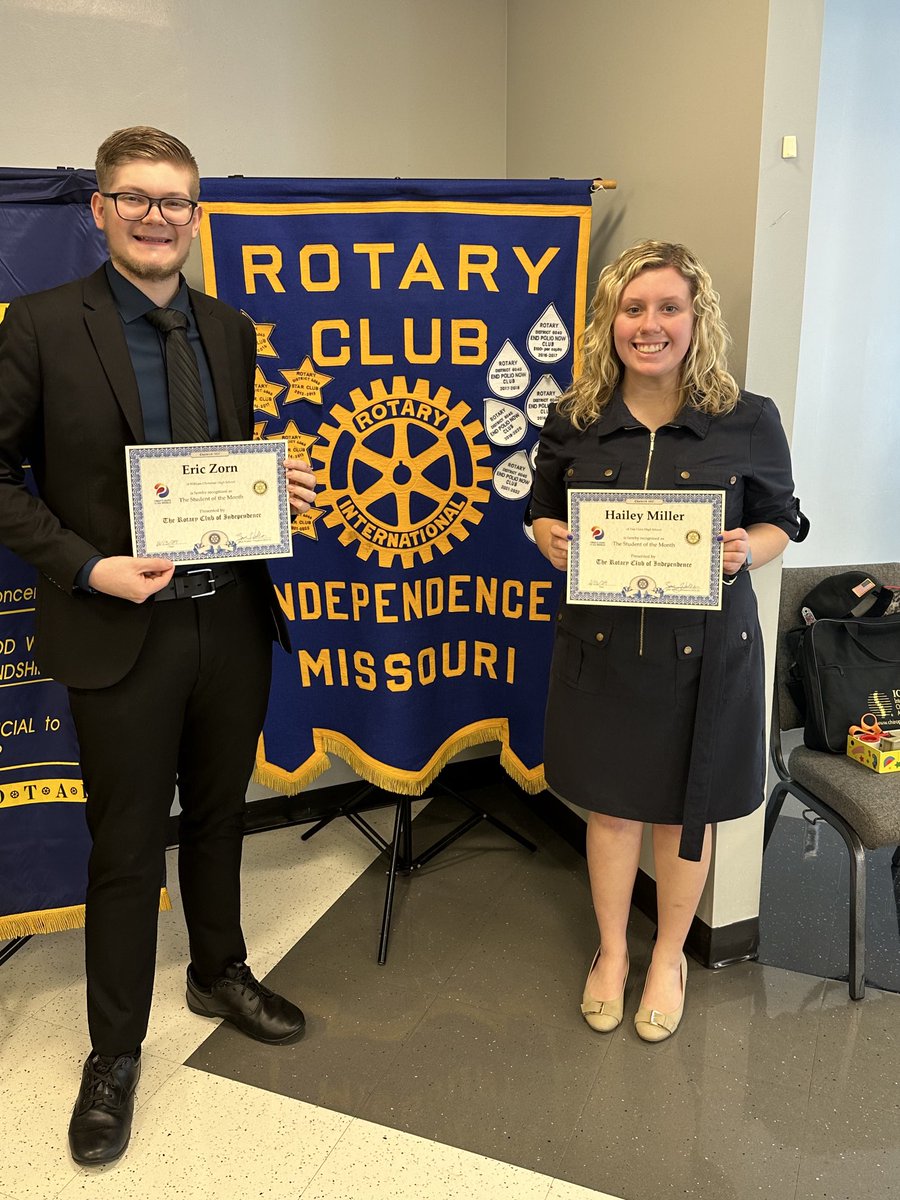 Celebrating our ⁦<a href="/IndepMoRotary/">Rotary Club of Independence, Missouri</a>⁩ students of the month Eric Zorn and Hailey Miller! Congratulations! #fortproud