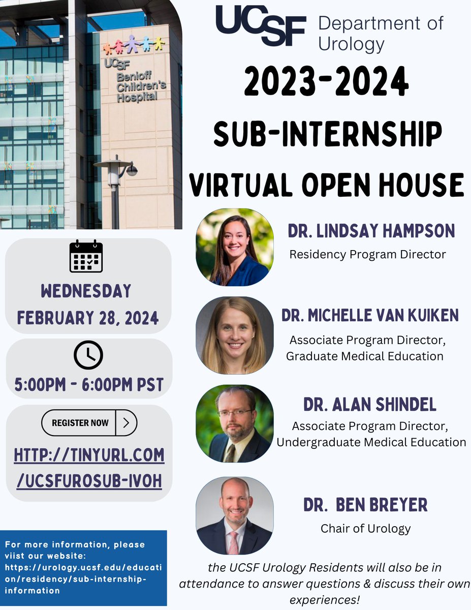 UCSFUrology's tweet photo. Interested on learning more about why you should apply for our Sub-I? We will be hosting a Sub-I Virtual Open house on Wednesday, February 28th @ 5PM PST! Join to hear from our Urology leadership &amp; our own residents. Register here: https://t.co/lh4DjLAL6d https://t.co/4hG2l5lHtd