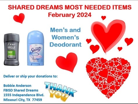 FBISDCommunity's tweet photo. Shared Dreams is seeking male and female deodorant. Thank you to our community for 35 years of continued support for our students! @FortBendISD https://t.co/wOL7038O4S