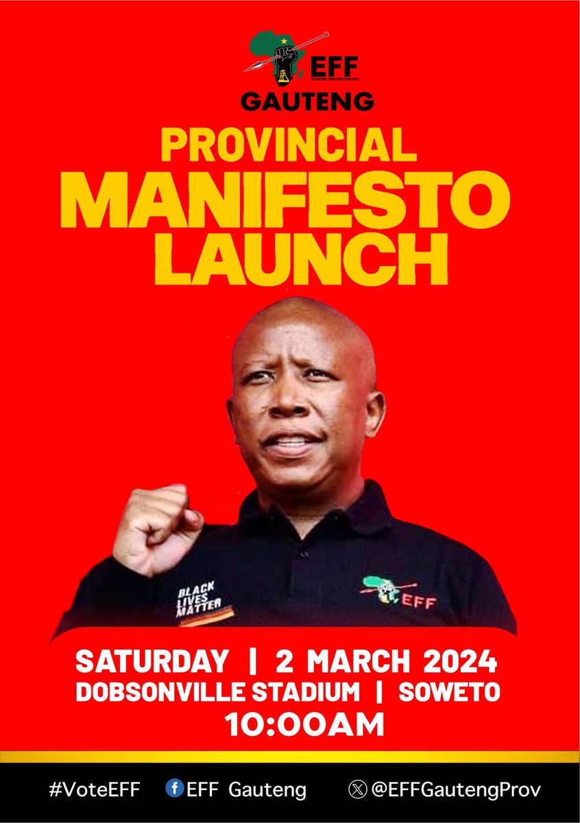 maxuvani's tweet photo. ♦️Gauteng Provincial Manifesto Launch♦️  

Date: 2 March, 2024
Time: 10h00am
Venue: Dobsonville Stadium, Soweto

#2024IsOur1994 #VoteEFF
OR Tambo Discovery Bank #MacG  #Dietician #Giyani #Panyaza Valentine's Day #Vodacom Bonko Khoza #Dipuo #SkeemSaam #Benzema #Konka #Zuma #Bathong #Afrikaans