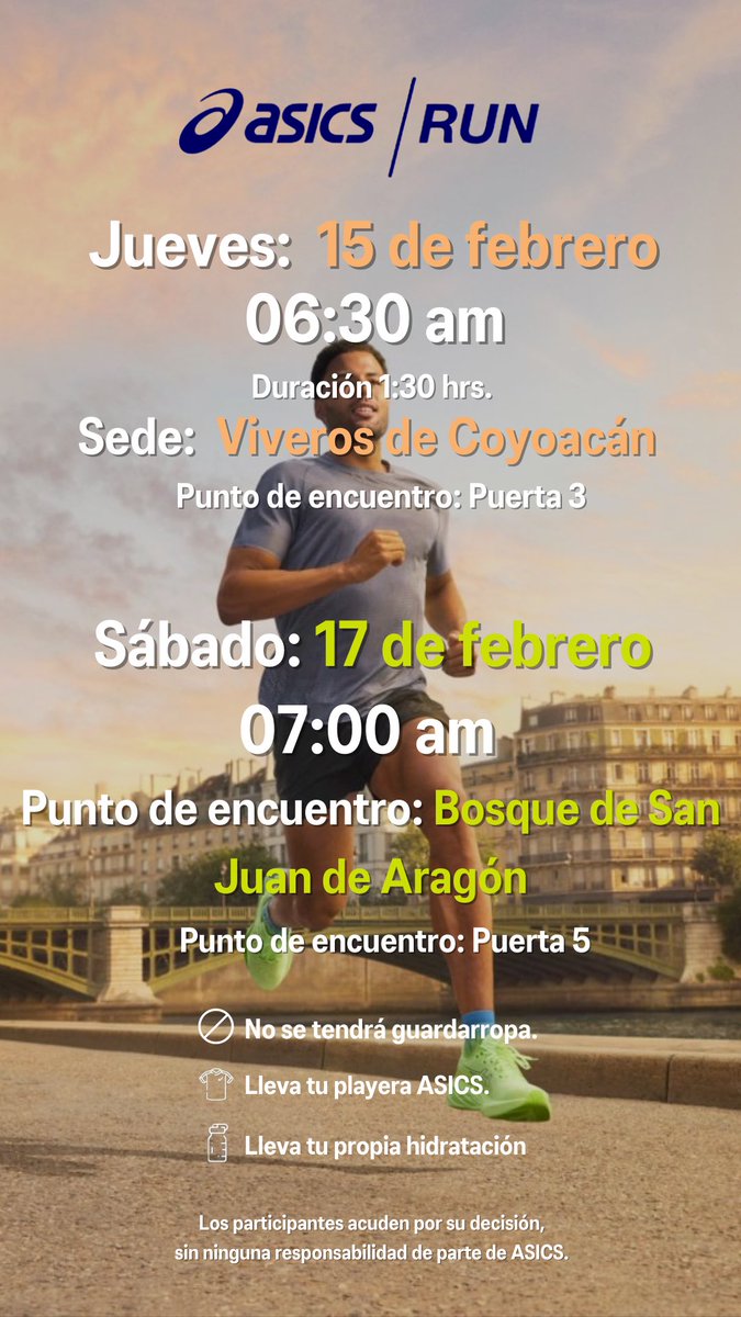 ASICSmexico's tweet photo. ¡Dale a tu cuerpo el respiro que necesita! 💙

Comienza tu entrenamiento para el maratón y medio maratón de la Ciudad de México, te esperamos este jueves 15 de febrero en Viveros de Coyoacán y este sábado 17 de febrero en el Bosque de San Juan de Aragón.

¡Sigamos entrenando juntos! 🏃‍♀️🏃🔥