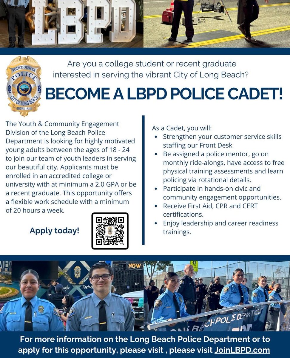 DrJoniLBC's tweet image. Attention everyone! 🚨 Friendly reminder: LBPD has openings for Police Cadet positions! 🚔 Deadline: Tomorrow, February 14th. Spread the word to friends and family! Don't miss this opportunity! #LBPD #PoliceCadet 🌟👮‍♂️👮‍♀️