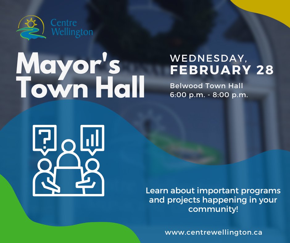 Join us at the Belwood Town Hall on Wednesday, February 28 for our Mayor's Town Hall! Learn about important programs and projects happening in your community and meet your new Mayor and Council.

📍Belwood Hall, 36 Queen St, Belwood