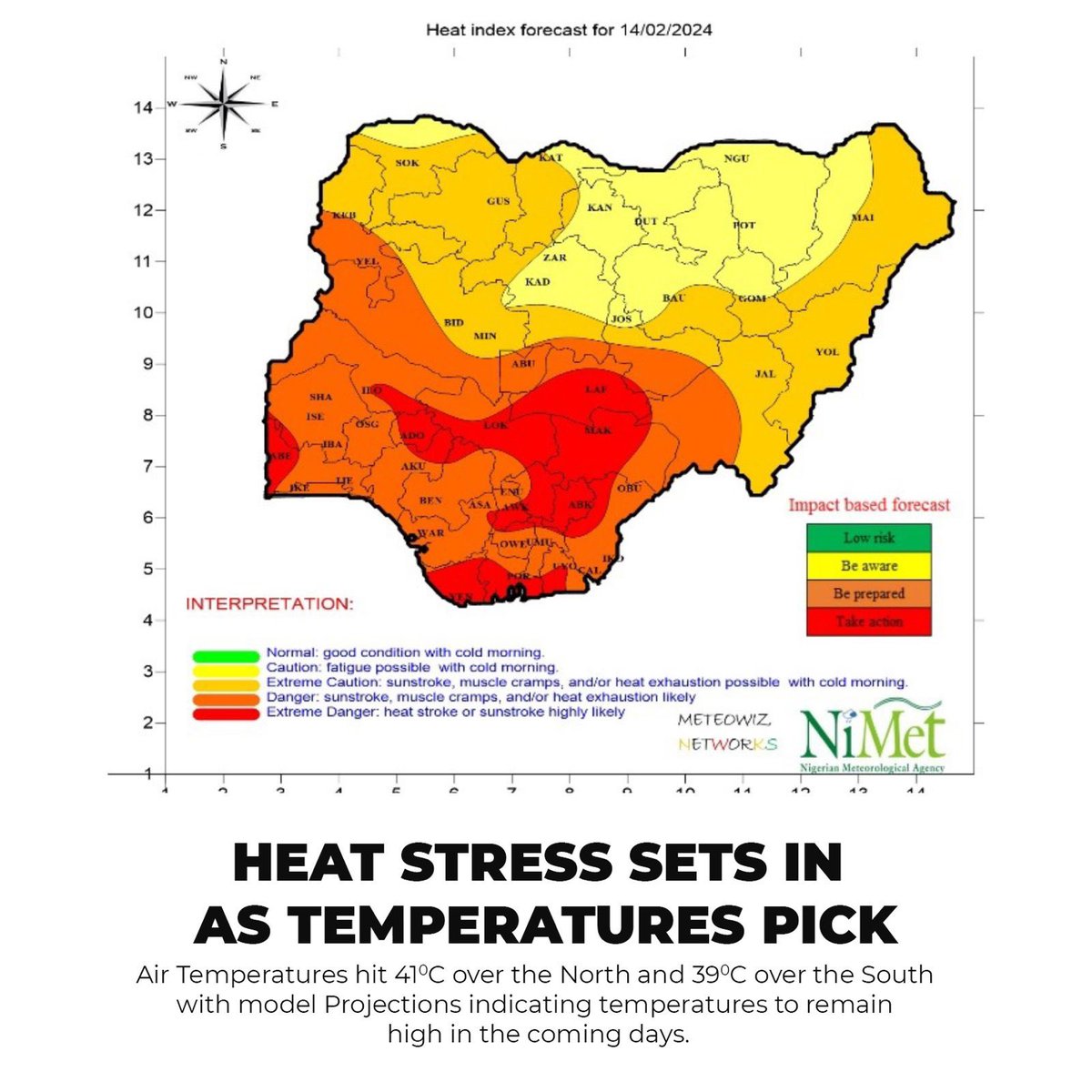 Air Temperatures hit 41°C over the North and 39°C over the South with model Projections indicating temperatures to remain high in the coming days IMPLICATIONS: Dehydration: this could also cause fainting; chicken Pox disease, Measles, Heat Rash,