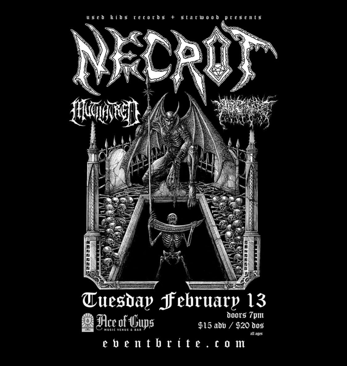 necrot_official's tweet photo. Thank you Ectospire, Dustlord, and everyone at The Whittier Bar for a killer first show of Tour! We play Columbus, Ohio tonight at Ace of Cups! Starts at 7pm. $20, All Ages #necrot https://t.co/pWmv3x3cqo