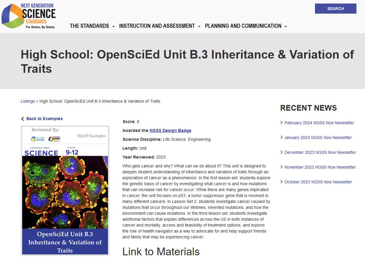 Who gets cancer and why? In this #NGSSDesignBadge high school unit from @OpenSciEd, students investigate the genetic basis of cancer — what it is and what affects incidence, mortality, and access to treatment across the country. See it here: nextgenscience.org/resources/high…