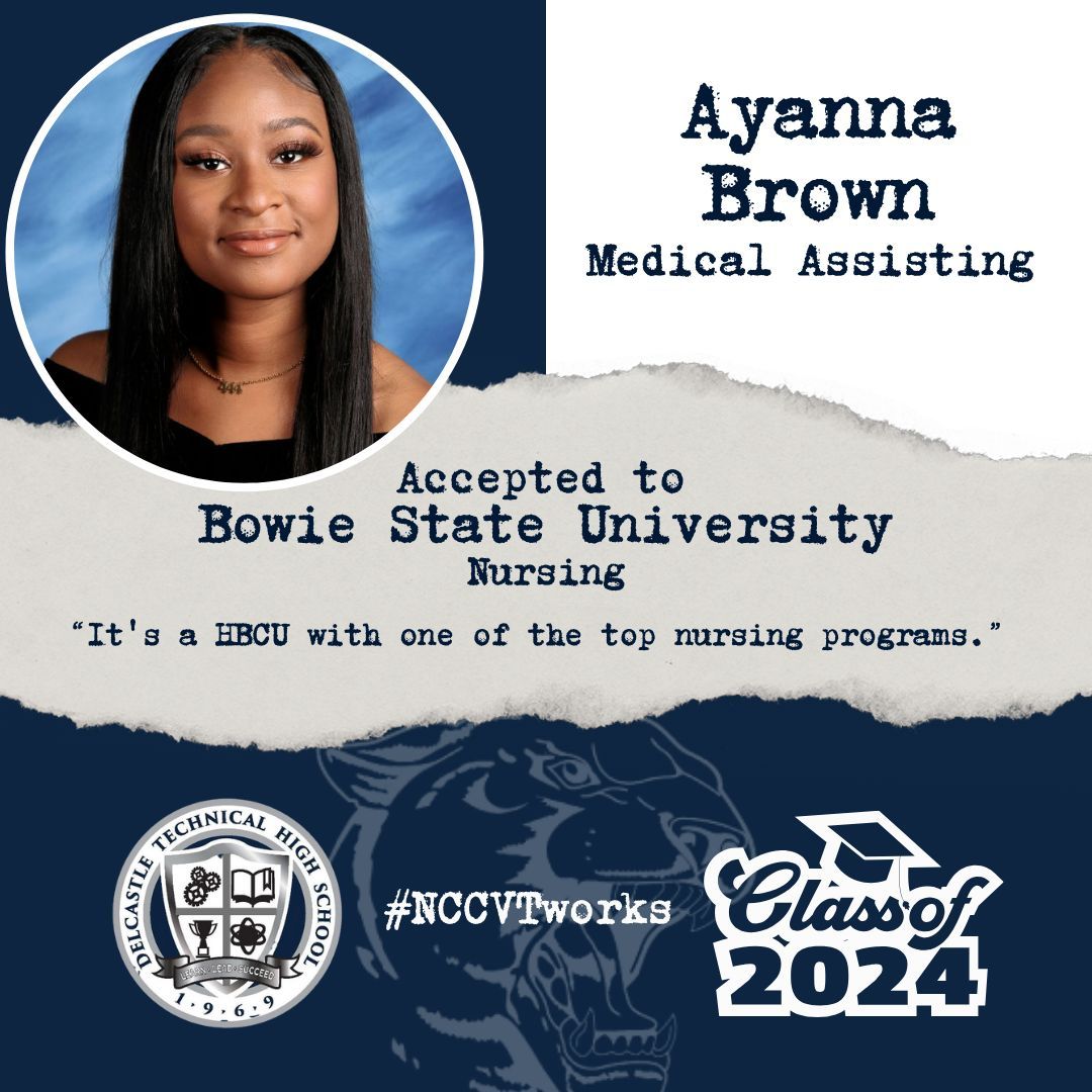 🎓 Congratulations to Ayanna Brown. She has been accepted to Bowie State University as part of their Nursing program. She will be a part of Bowie State's deep history as the oldest HBCU in Maryland and one of the ten oldest in the U.S. Congrats, Ayanna! #NCCVTworks