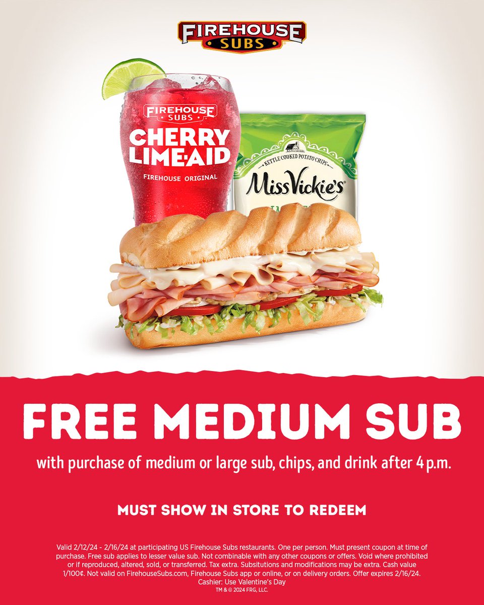 We’re showing a little love to our favorite people this week (Hint: That’s you) ❤️ Now through Friday, show this offer in-restaurant and enjoy a #FREE medium sub with purchase of a medium or large sub, chips and drink after 4pm.