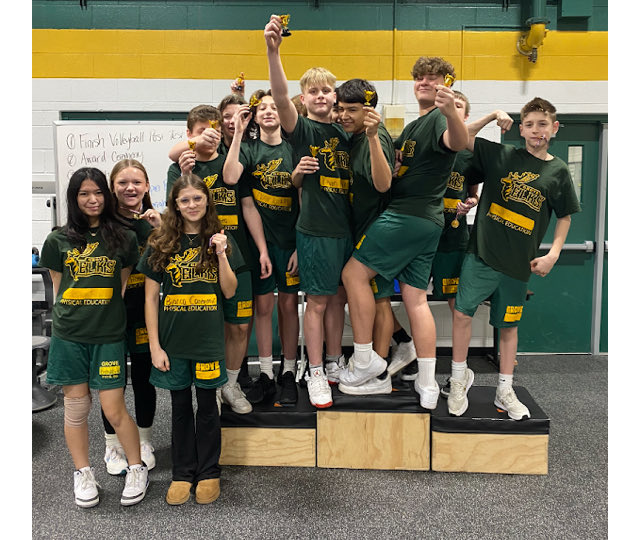 Grade level volleyball champions from our PE classes ⁦@D59Grove⁩ 😊. Students received mini trophies today.