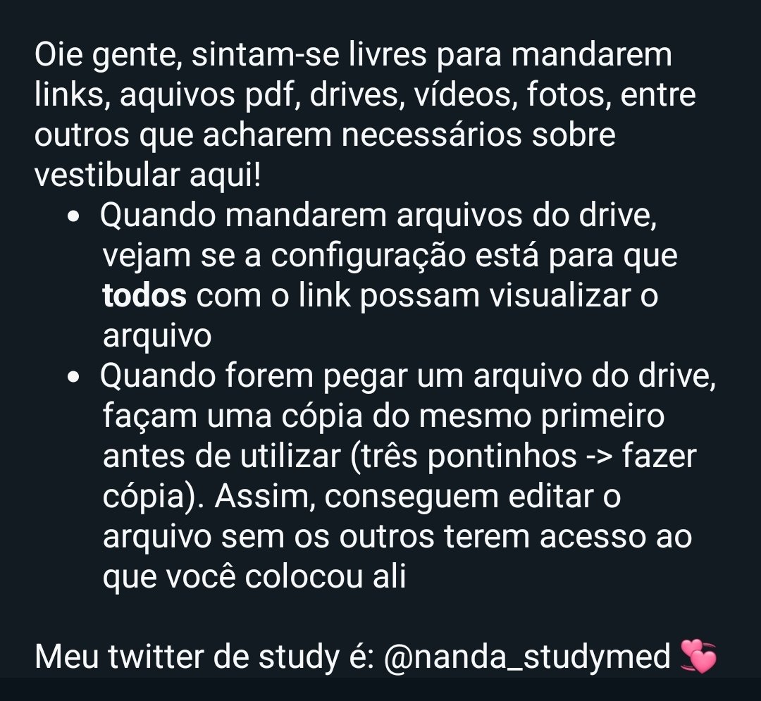 nanda_studymed's tweet image. ⚠️ Eu tenho um grupo de study no WhatsApp com links/drives de #vestibular (é aberto pra vcs mandarem tbm), tem 270 membros, fica dentro de uma comunidade

Pra entrar: 
- Comente "in"
- Me sigam (mando link no direct)
- ↺ e ♡ (pra chegar em + gnt)

#studytwtbr #studytwt #estudos