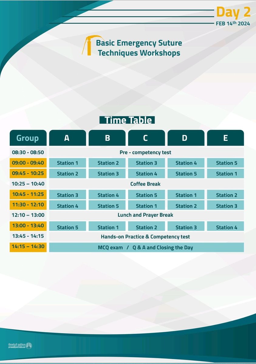 Day 2️⃣

🗒 Pediatric Airway Management Workshops.

▪︎ Direct Laryngoscope &amp; Supraglottic Airway.

▪︎ Video Laryngoscope.

▪︎ Surgical Airway.

▪︎ Tracheostomy Care. 🆕️

▪︎ Pediatric ENT Emergencies. 🆕️

And much more.. 

🗓 Wednesday 14th Feb 2024.

اليوم الثاني 2️⃣