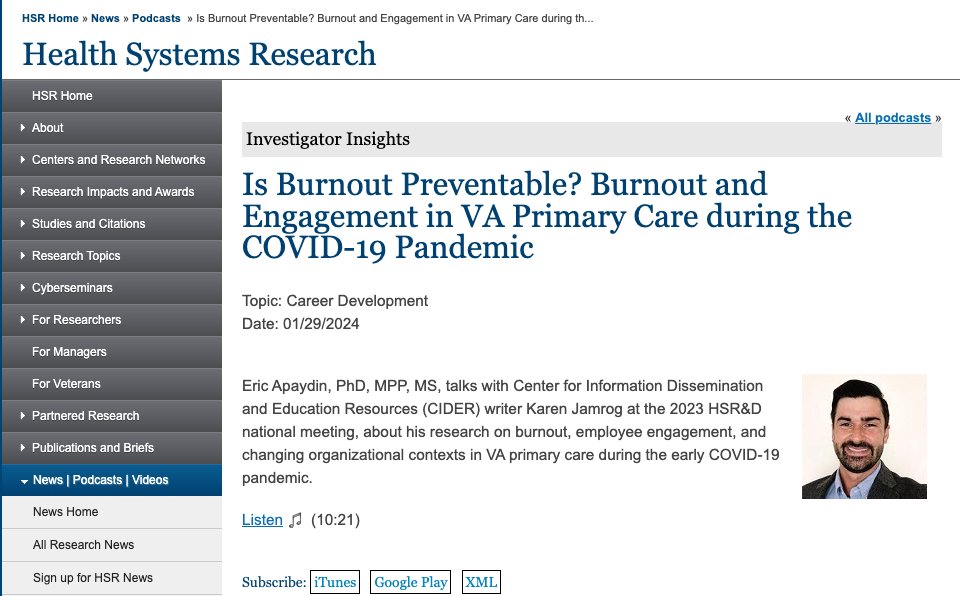 NEW PODCAST! Learn more about preventing primary care burnout in this new interview with @VA_CSHIIP's @EricApaydin. hsrd.research.va.gov/news/podcasts/…