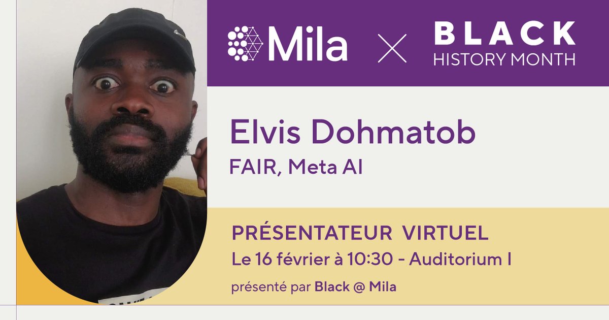 Joignez-vous à nous ce vendredi 9 fév à 10h30 pour notre deuxième Tea Talk de l’excellence noire en IA, avec Elvis Dohmatob de FAIR à Meta.

La présentation hybride, intitulée “Demystifying Neural Scaling Laws,” aura lieu en virtuel et dans l’Auditorium de Mila!

<a href="/Black_at_Mila/">Black @ Mila</a>