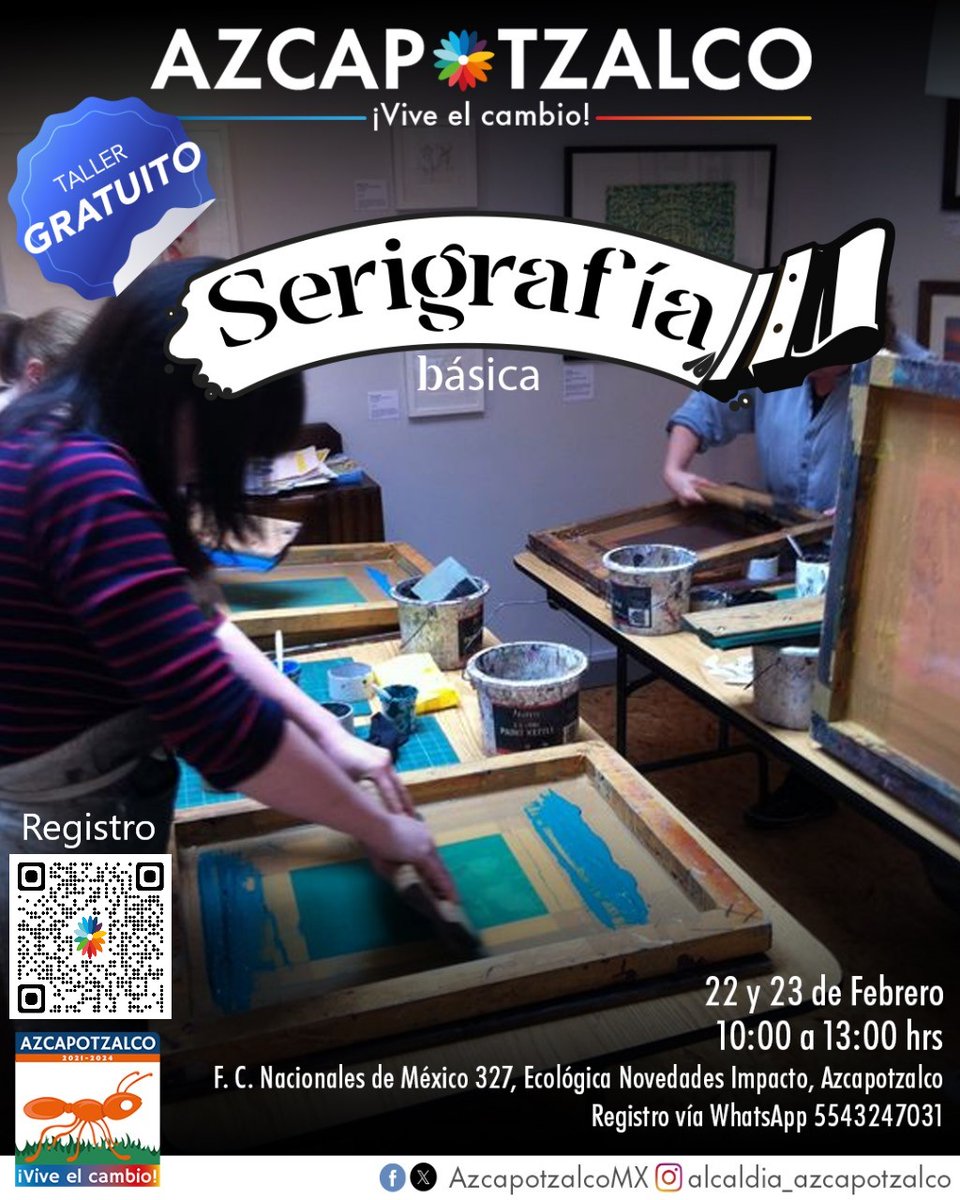AzcapotzalcoMx's tweet image. ¡No te pierdas la oportunidad de aprender Serigrafía básica en nuestro taller los días 22 y 23 de febrero! Escanea el código QR para registrarte y asegurar tu lugar. Descubre el arte de la serigrafía y déjate inspirar. 🎨✨ #TallerCreativo #Arte #Serigrafía