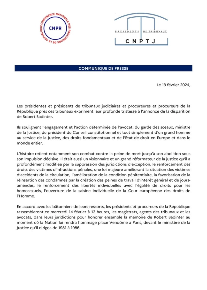 Communiqué commun de la @ConferenceTj et de la <a href="/conf_nat_procs/">CNPR</a> suite à la disparition de Robert Badinter.