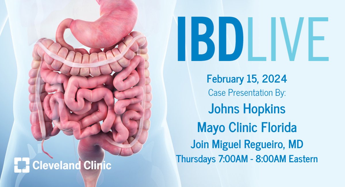 Tune in THIS THURSDAY to @CleClinicMD #IBDLIVE @ibdlive at 7 AM ET to discuss cases from IBD Centers around the world with @MRegueiroMD. Connect with colleagues while earning CME credit – eligible for ABIM, ABS, ABP MOC points. Register at bit.ly/IBDLiveReg