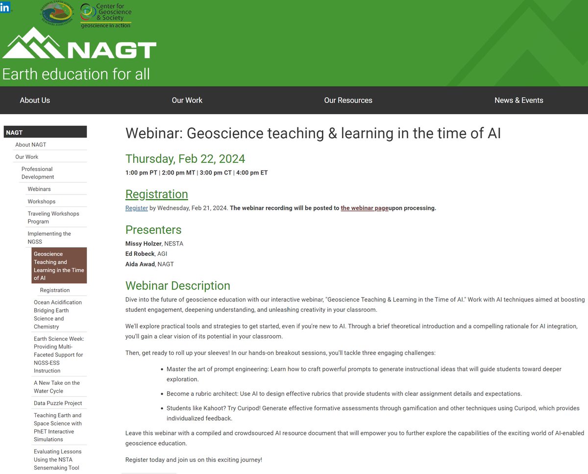 Educators! February 21 is the deadline to register for the free NGSS-ESS Webinar, "Geoscience teaching &amp; learning in the time of AI," which will be held Thursday, February 22 at 1:00PM PT | 2:00PM MT | 3:00PM CT | 4:00PM ET
Register &amp; learn more at: nagt.org/nagt/profdev/w…