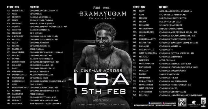 #Bramayugam USA 🇺🇸 Theatre List !

#BramayugamFromFeb15 🖤🤍

#USA INDIAN MOVIES release!

കേരളം കൂടി ഒന്ന് set ആക്കിയിരുന്നു എങ്കിൽ ഏത് level റിലീസ് കിട്ടേണ്ട പടം ആണ് 🥵🔥

#Bramayugam #Mammootty