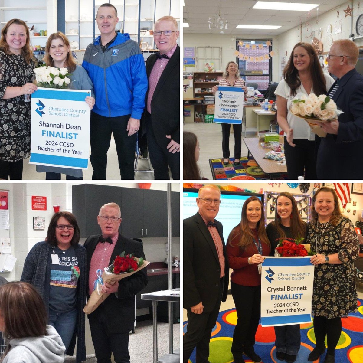 CherokeeSchools's tweet photo. CCSD this week surprised its four finalists for the 2024 CCSD Teacher of the Year award: Crystal Bennett, Ball Ground ES STEM Academy; Shannah Dean, Etowah HS; Stephanie Hopersberger, Liberty ES; and Anna Marie Zincone, Freedom MS! More: https://t.co/3H12AWtS3C #CCSDfam https://t.co/jYYiYNT8MK