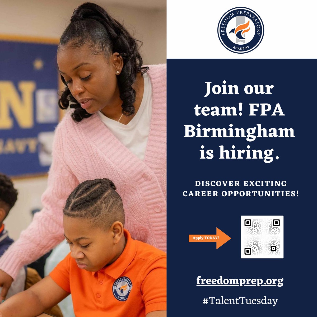Exciting career opportunities await at FPA Birmingham! We're hiring dynamic individuals to be part of our mission-driven team. Explore a fulfilling career in education and make a positive impact.

Apply today at freedomprep.org and be a catalyst for change! #TalentTuesday