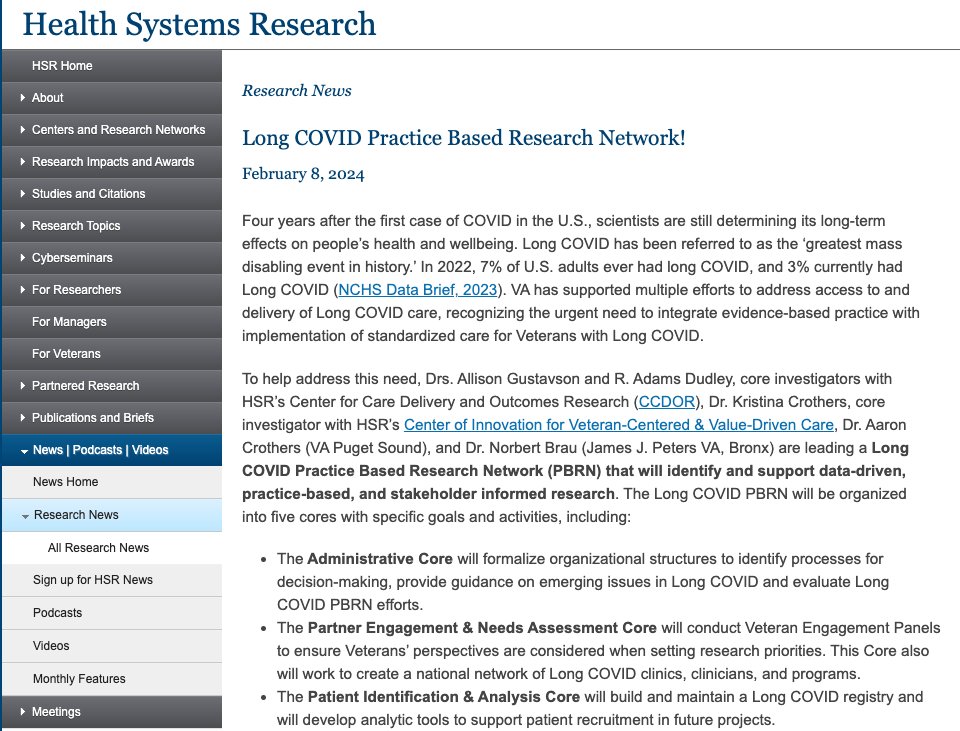 Announcing the long COVID Practice-based Research Network, which will convene & connect partners to centralize clinical, research, and operational activities. Learn more: hsrd.research.va.gov/news/research_…