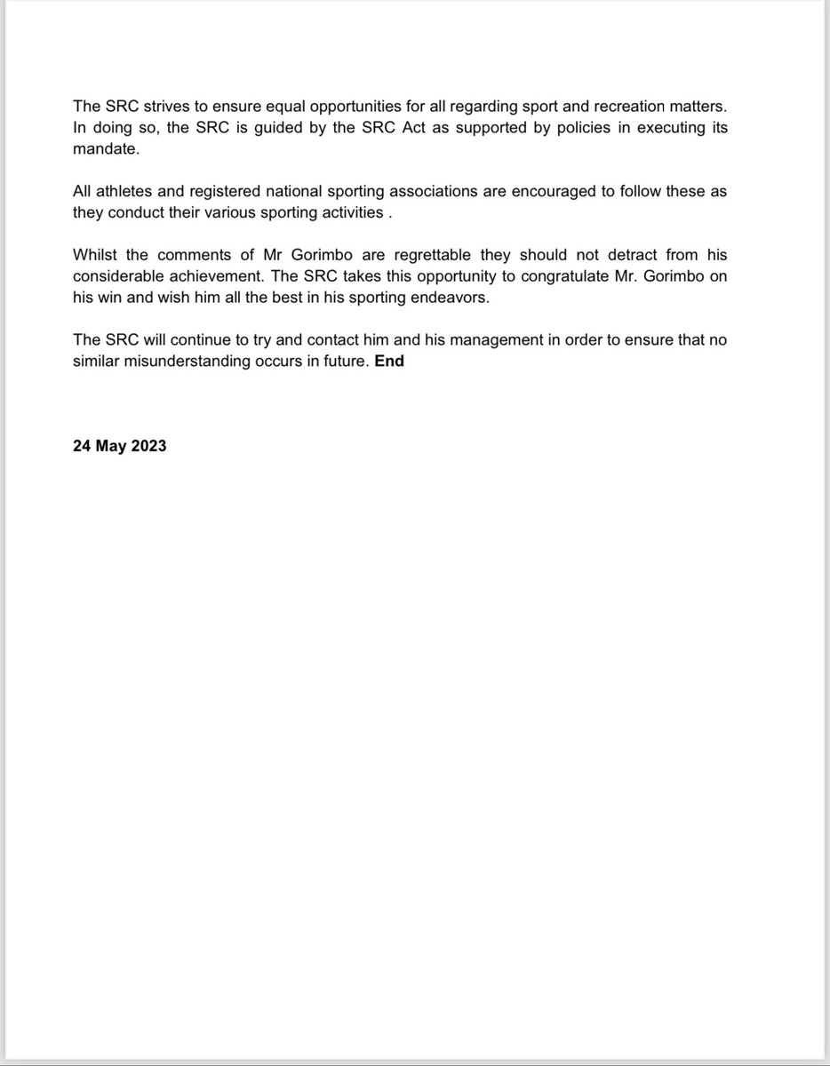 “At no point was a request ever made to the Minister of Youth, Sport, Arts & Recreation. Even if he had done so, the Hon. Minister would have directed the request to the SRC for processing. The SRC strives to ensure equal opportunities for all regarding sport and recreation