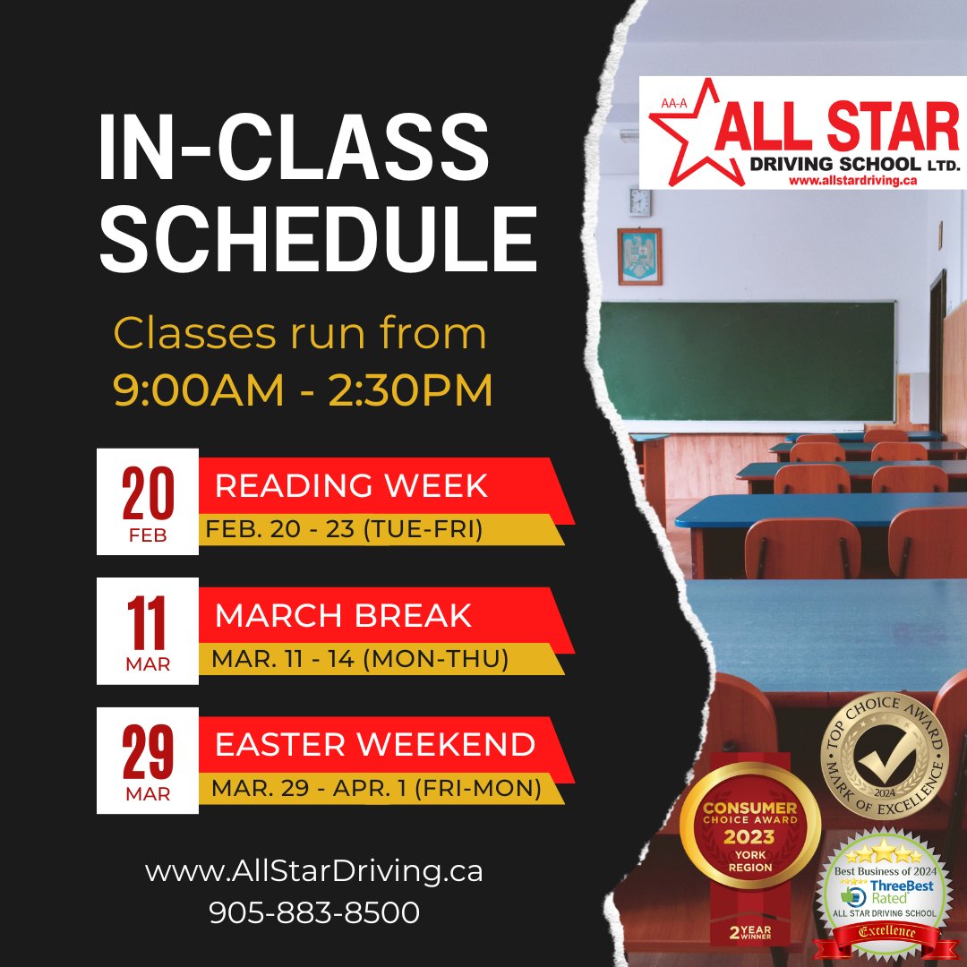 allstar_driving's tweet photo. Attend an in-class course at All Star Driving School and be more than halfway to earning your MTO certificate after just four days! Our BDE course includes all necessary components to help you get your G2 license and qualify for discount on insurance! Contact us to learn more! https://t.co/vEbJiFQgLh