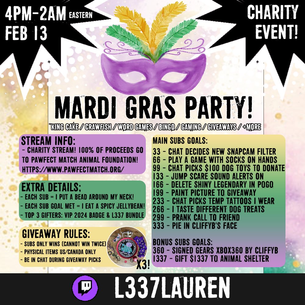 💜⚜️💚Join me and the L337FL337 as we celebrate #MardiGras and raise money for an animal rescue! 🐾🐾 >>> TODAY AT 4PM <<<