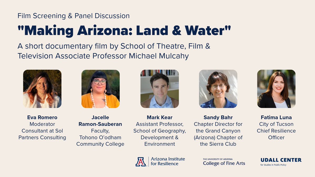 uazenvironment's tweet image. Join @UA_TFTV Associate Professor and @udallcenter Fellow Michael Mulcahy for the premiere of his new docuseries, 'Making Arizona,' followed by a panel discussion with local experts!

Learn more and RSVP: tinyurl.com/makingaz

Funded by @AZHumanities