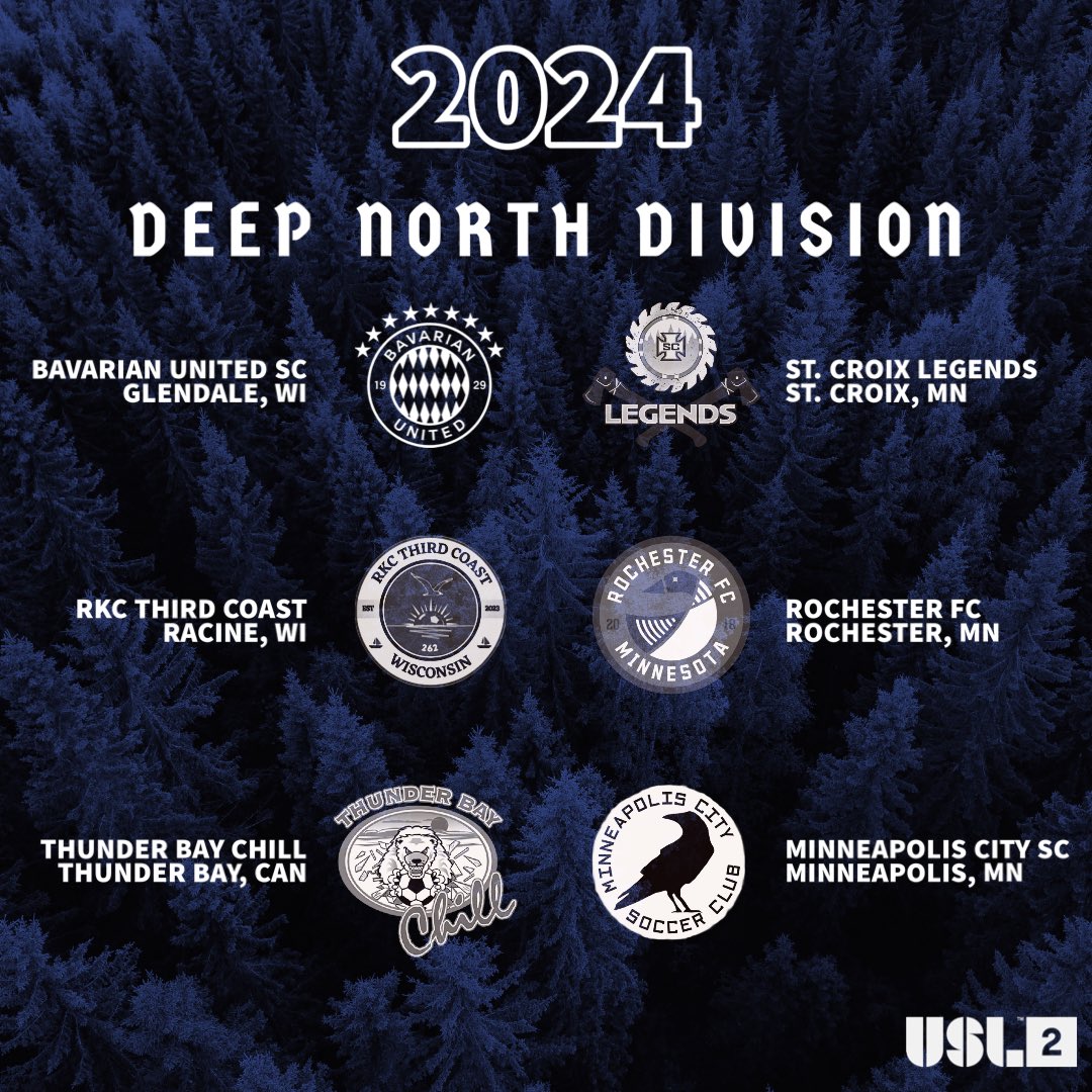 BavarianSoccer's tweet image. 2024 USL League 2 Deep North Division

Bavarian United SC
Minneapolis City SC
RKC Third Coast
Rochester FC
St. Croix Legends
Thunder Bay Chill

Very excited for our second season in the Deep North!

#usl2 #path2pro