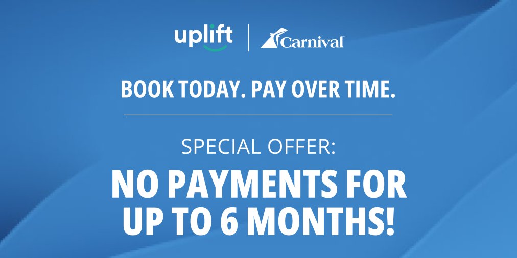 Uplift (@gouplift) on Twitter photo Ready to book a dream vacation? For a limited time, book a sailing on <a href="/CarnivalCruise/">Carnival Cruise Line</a> w/ $0 down and no payments for up to 6 mo. Plus, pay over time with interest-free payments! Get an estimate of how much you can spend with low monthly payments today: carnival.com/financing Ready to book a dream vacation? For a limited time, book a sailing on <a href="/CarnivalCruise/">Carnival Cruise Line</a> w/ $0 down and no payments for up to 6 mo. Plus, pay over time with interest-free payments! Get an estimate of how much you can spend with low monthly payments today: carnival.com/financing