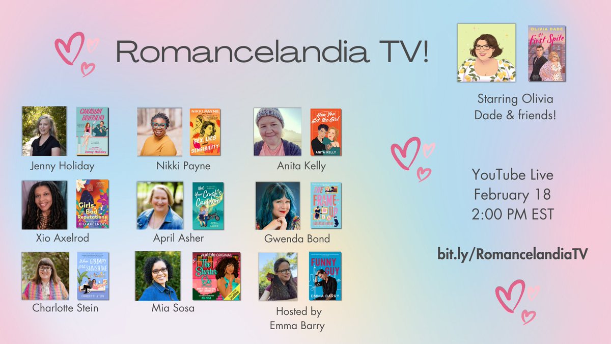 A while ago, I noticed how many amazing authors had pub days near mine. Many DMs later: Voilà! Romancelandia TV, a virtual event with @miasosaromance, @XioAxelrod, @Gwenda, @NovelsByApril, @NikkiPayneBooks, @jennyholi, @Charlotte_Stein, Anita Kelly, & our host, @AuthorEmmaBarry!