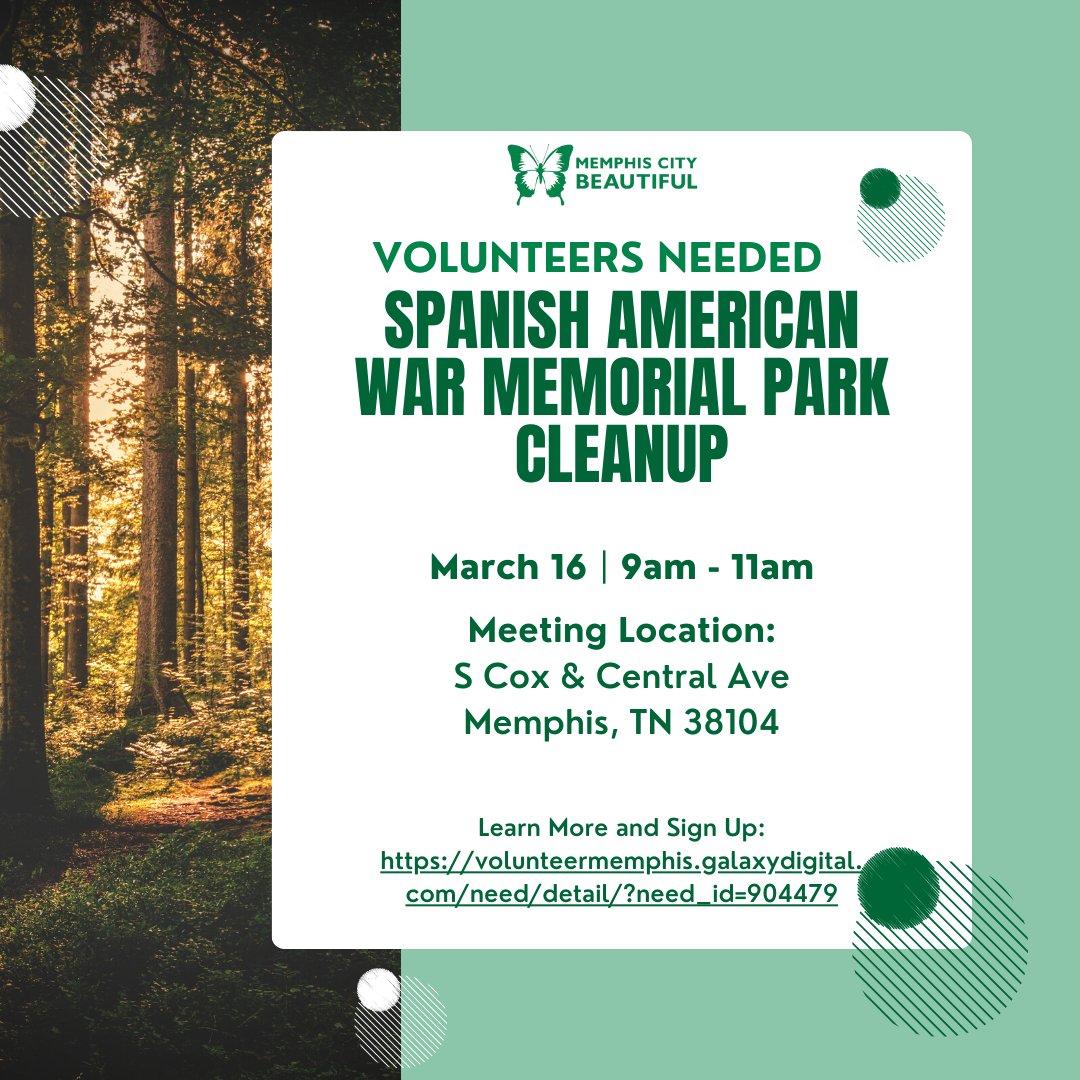Join us in caring for the Spanish American War Memorial Park! Volunteers are needed to weed, plant, and trim trees in the park! Tools will be provided. Parking is on S. Cox near Central Ave.

To learn more and sign up, visit volunteermemphis.galaxydigital.com/need/detail/?n….