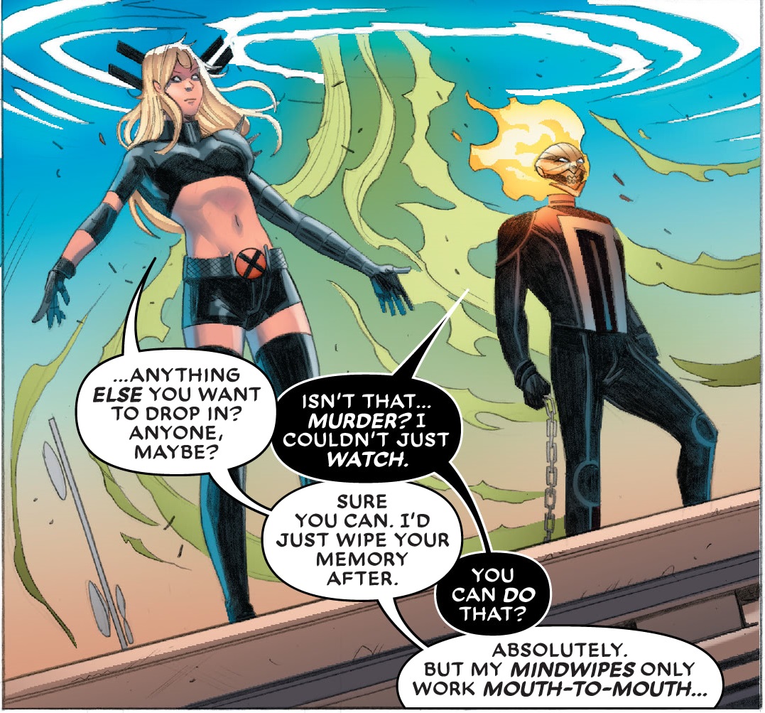 I would totally buy a Magik and Her Dark Riders series. plus, Illyana flirting with Reyes, is pretty fun. He has to keep the head flaming. X-Men : Curse of the Man-Thing