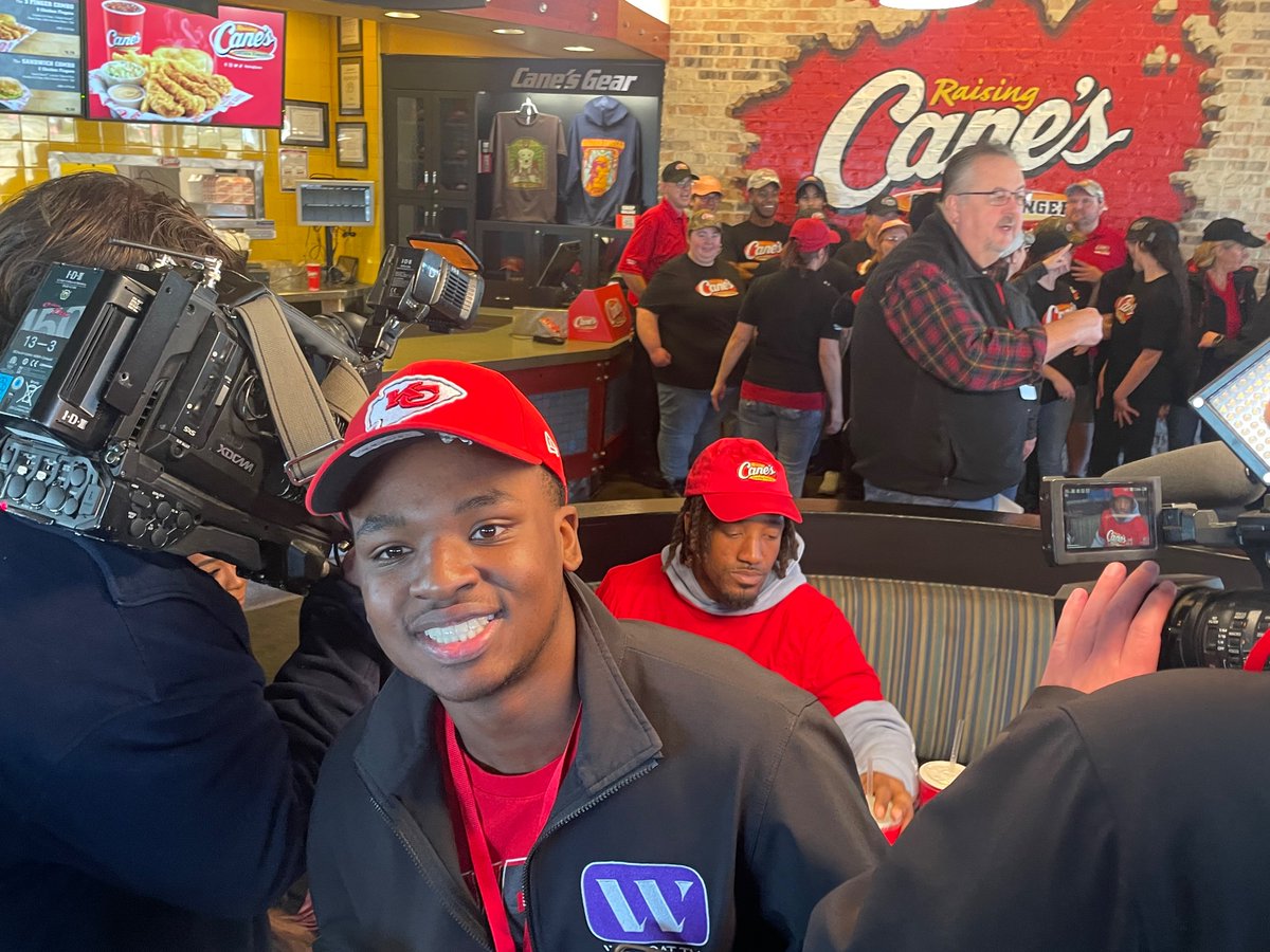 WildcatTVNews's tweet photo. Wildcat TV reporter Jordan Roberson got exclusive high school media coverage of @mecolehardman4 and @jay__sneed visit to @raisingcanes in Blue Springs to celebrate the best Super Bowl win of all time!! See the story on next week’s Wildcat TV episode! https://t.co/x9mx9l6dzk