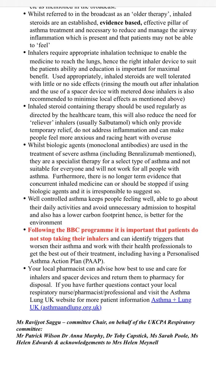 Following the incorrect info on #asthma disappointingly broadcast by @morninglive @BBCiPlayer @xandvt yesterday, see our considered response from @UKCPAResp team⬇️ Asthma needs to be taken seriously.Inhaled steroids are an evidence based effective part of treatment