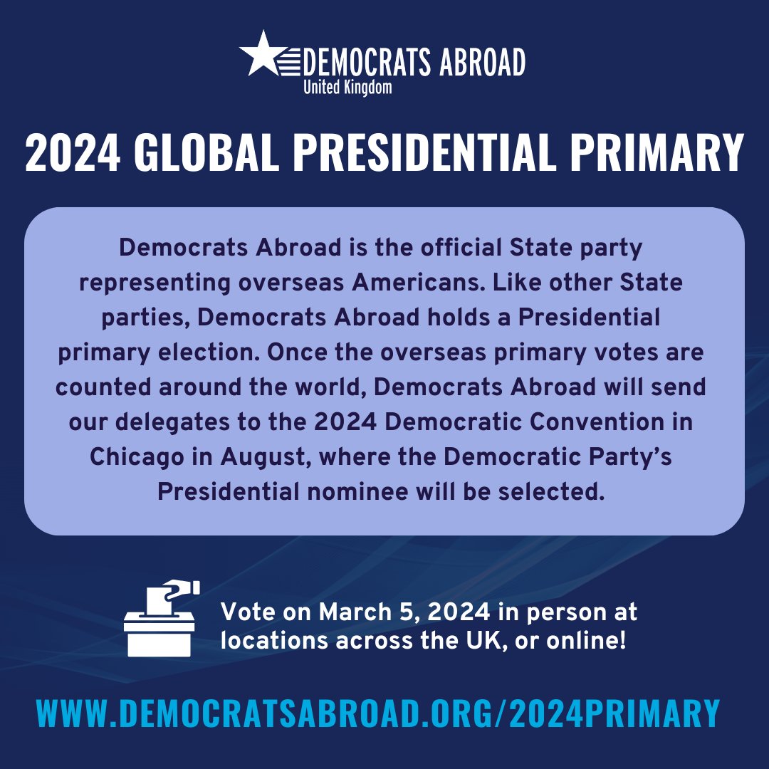 What is the Global Presidential Primary? Learn more & find out where you can vote in person in the UK, or by post or email, this Super Tuesday - March 5, 2024! voteabroad.org/GPPballot2024